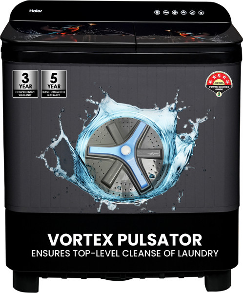 Haier 11 kg Toughened Glass with Digital Kingfisher Print, Anti Bacterial Vortex Pulsator, 1300 RPM, Spray Function, Wash Programs, Magic Filter, Rat Mesh Semi Automatic Top Load Washing Machine Black