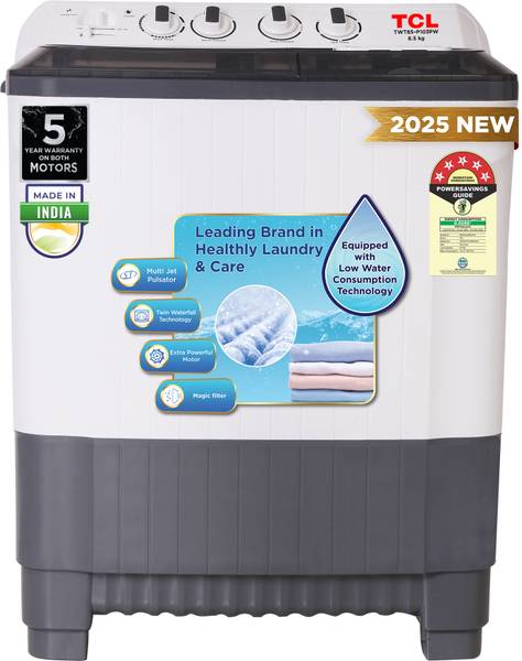 TCL 8.5 kg 5 Star with Extra Powerful Motor, Magic Filter and Fast Dry Semi Automatic Top Load Washing Machine Grey