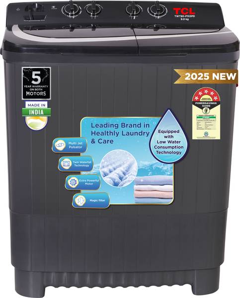 TCL 9 kg 5 Star with Extra Powerful Motor, Magic Filter and Fast Dry Semi Automatic Top Load Washing Machine Grey