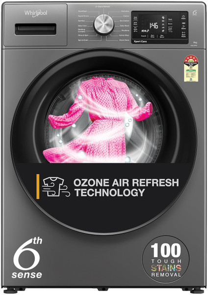 Whirlpool 9 kg Ozone Technology 5 Star Inverter 100+ Tough Stains, 1200 RPM, Supreme Care Fully Automatic Front Load Washing Machine with In-built Heater Black, Grey