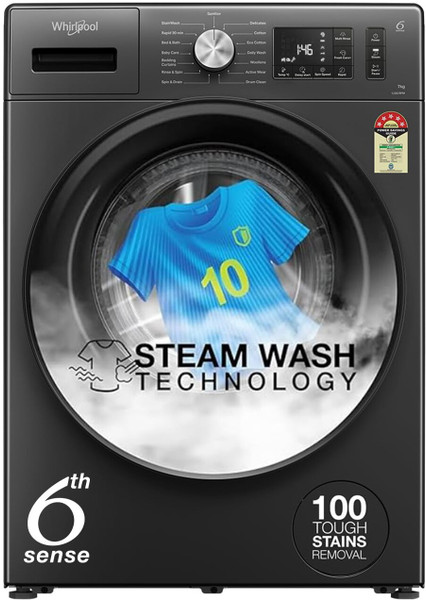 Whirlpool 7 kg 5 Star Inverter 100+ Tough Stains, Steam Technology, Fully Automatic Front Load Washing Machine with In-built Heater Grey