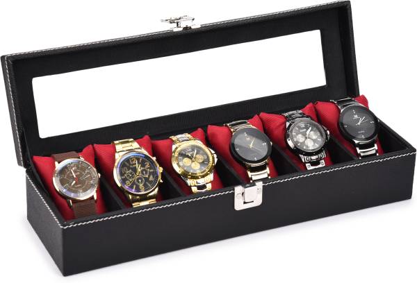 STORESHINE Men's and Women's Watch Box Holder Organizer Case in Black color(6 Compartments) Watch Box
