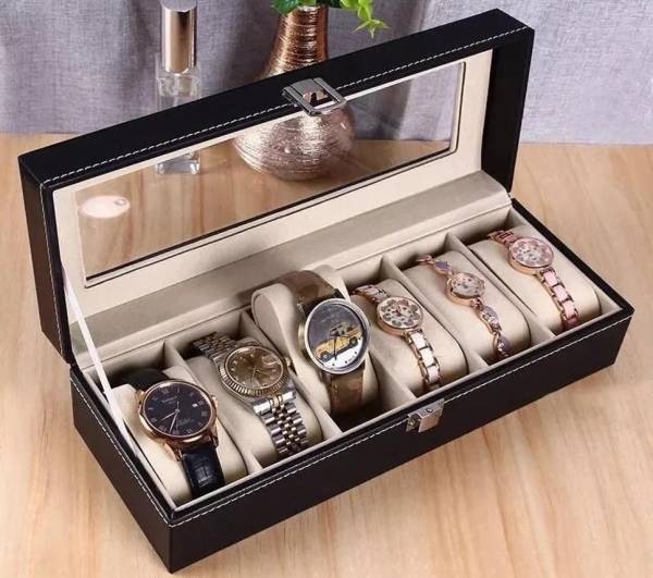 Luxula 6 Slot Leather Watch Storage Box Holder Display Glass Case Organizer Watch Box