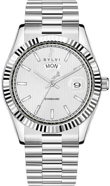 Sylvi Starboard White Silver Stainless Steel Strap Watch for Men with Day & Date SY-6886-STARBOARD-STEEL Analog Watch - For Men