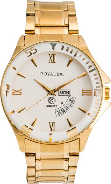 Royalex Men's Watch White Dial Day and Date Golden Case and Golden Chain Premium Quality Watch Comes With White Dial Day and Date Analog Watch - For M...