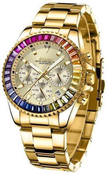 OVERFLY BIDEN Analog Chronograph Luxury chain Gold wrist Watch Rainbow Case Rolex Golden Analog Watch - For Men
