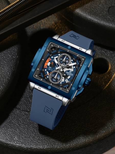 NAVIFORCE NF8064 Elegant Square Silver& Blue accents chronograph dial with Blue Silicon strap Analog Watch - For Men