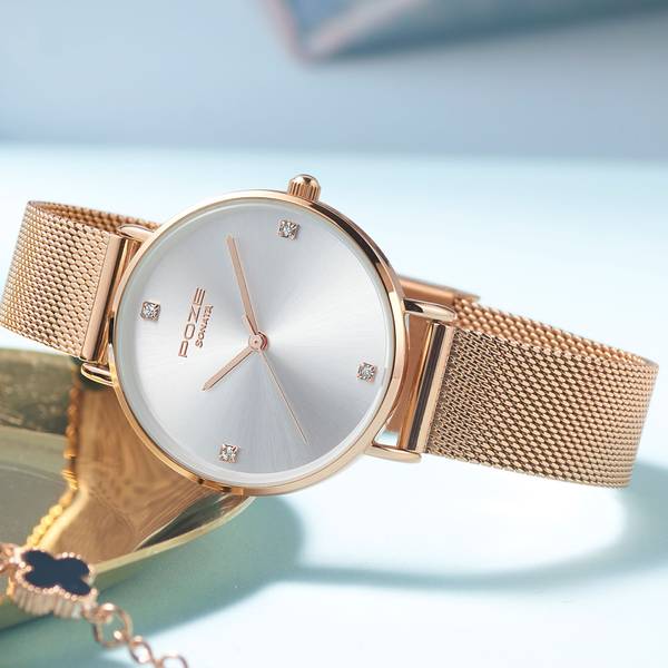 SONATA Poze Silver Dial Rose Gold Strap Analog Watch For Women