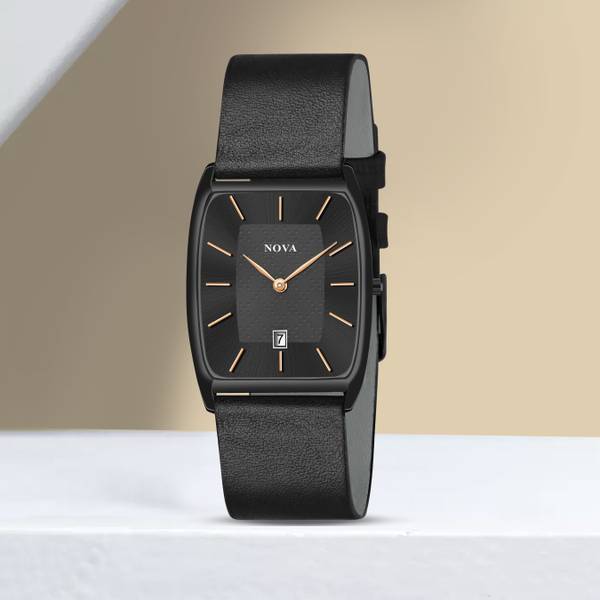 NOVA Black Date Watch Black Date Rectangle Thin Leather Strap Watch