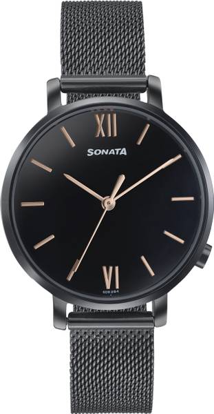 SONATA Elegent Essentials Elegent Essentials Black Dial Black Mesh Strap Analog Watch - For Women