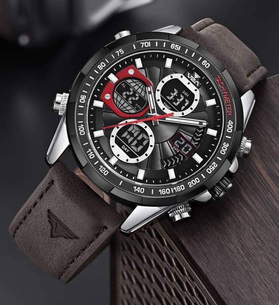 V2A Genuine Leather Strap Chronograph Watch for Men 45mm Big Dial Multifunctional 30M Waterproof Analog-Digital Watch - For Men
