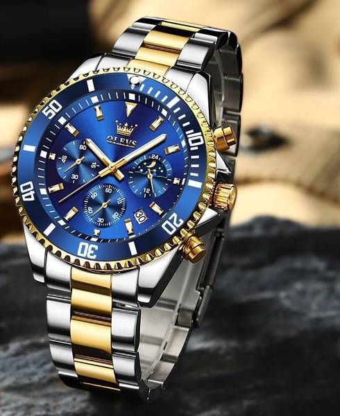 OVERFLY OLEVS Mens Analog Chronograph Luxury Blue Dial Golden Strap Rolex Wrist Watch Analog Watch - For Men
