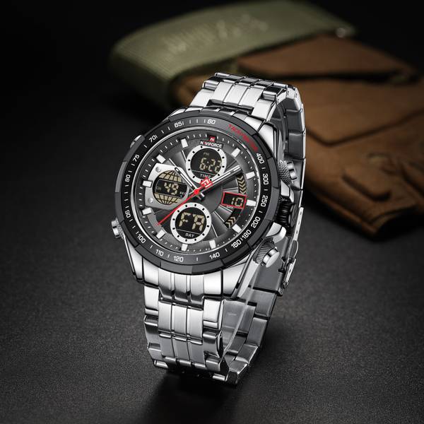 NAVIFORCE 9197 Stylish Chronograph premium multifunctional stainless steel silver black Analog-Digital Watch - For Men