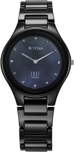 Titan Edge Ceramic Quartz in Glossy Black with Diamonds and Rich Mother of Pearl Dial Analog Watch - For Women