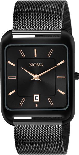 NOVA Black Chain Watch Black Date Rectangle Thin Chain Watch Analog Watch - For Men