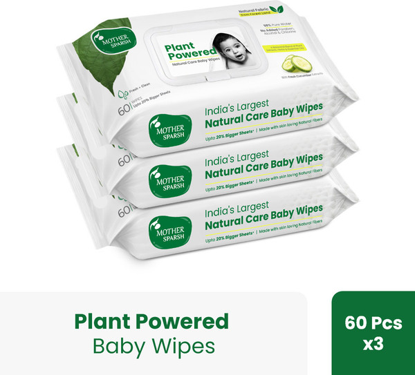 Mother Sparsh Natural Care Cloth Like Baby Wipes With Cucumber | Bigger Sheets | (60 X 3Pcs)