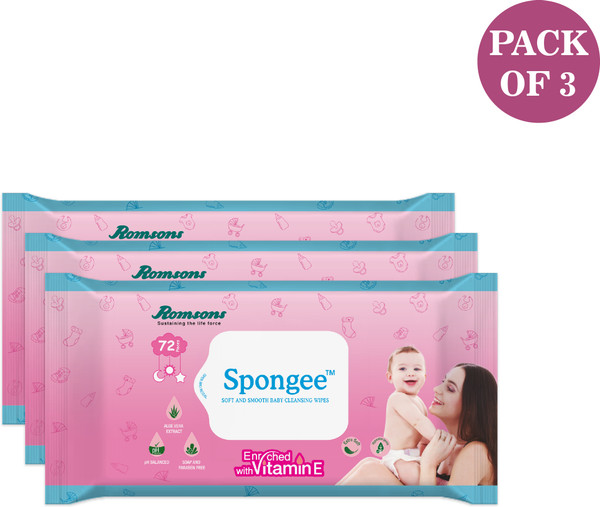DIGNITY Sponge Baby Wet Wipes, 150 x 200 mm, 72 Wipes/Pack (White, Pack of 3, 216 Wipes)