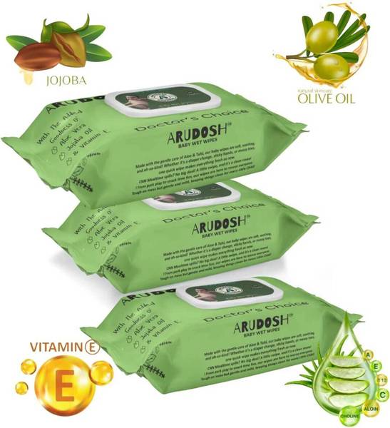 arudosh Pack of 3 baby wipes with Aloe Vera, Jojoba oil & Vitamin E care