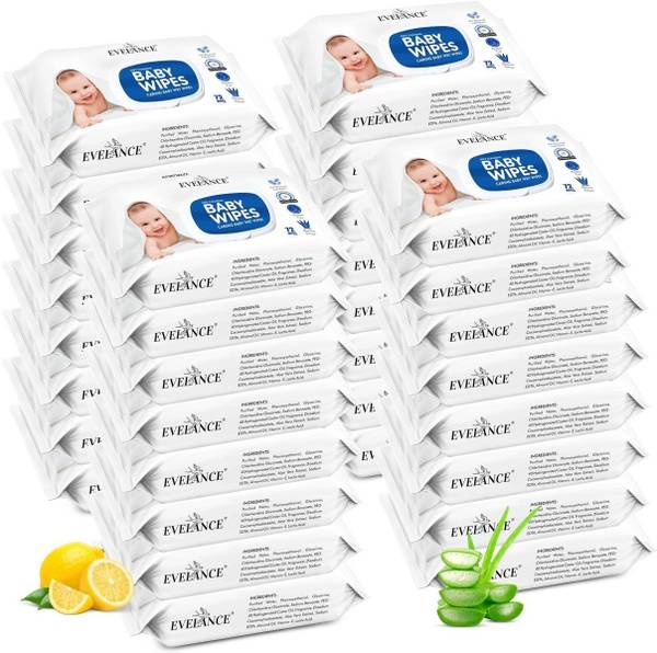 EVELANCE Caring Baby Wet Wipes with lid & Aloe Vera Extract| 72 Pieces|Pack Of 32