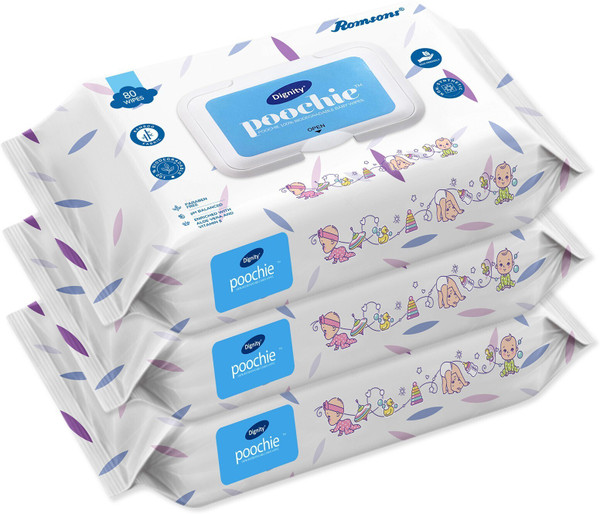 DIGNITY Poochie Biodegradable Baby Wipes, 150 x 200 mm, 80 Wipes/Pack - Pack of 3 (Clear)