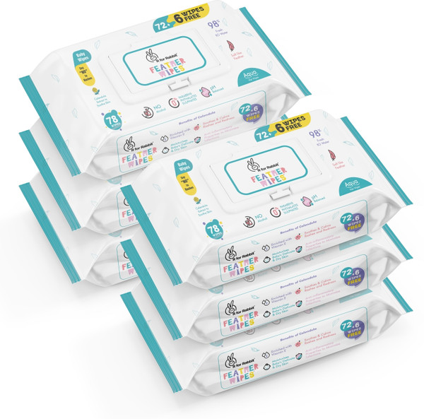 R for Rabbit Feather Aqua Baby Wipes Enriched with Vitamin E (Pack of 78 x 6)