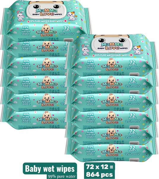 Mamma Love 99% Pure Water Baby Wet Wipes with Lid | Pack of 12 | 72 pcs/pack |..