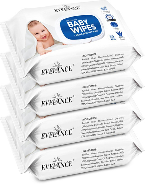 EVELANCE Caring Baby Wet Wipes with lid & Aloe Vera Extract| 72 Pieces|Pack Of 4