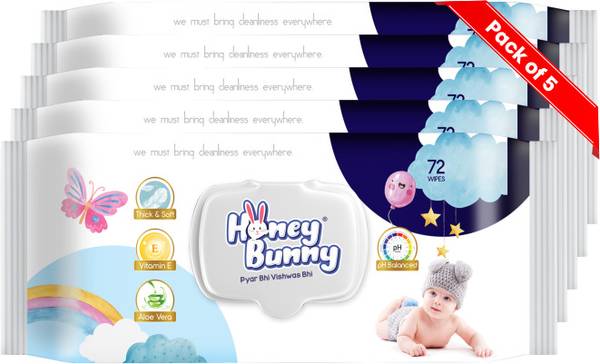 HONEY BUNNY Premium Wet wipes with aloe vera & Vitamin E (360 Wipes) Pack of 5