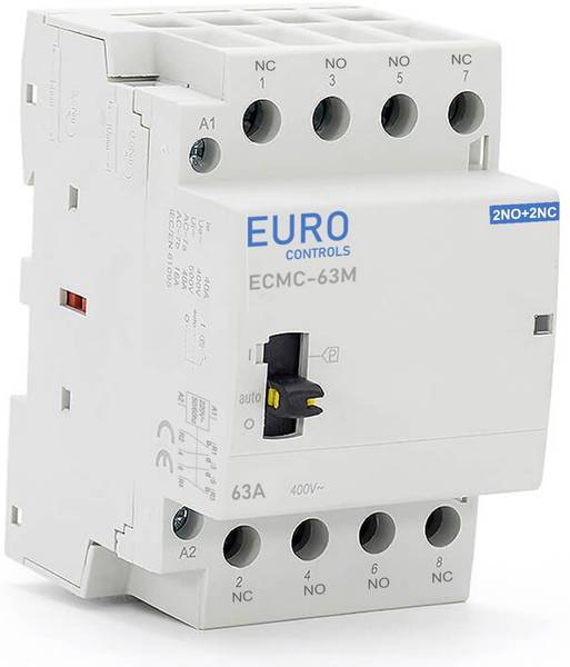 EURO Modular Power Contactor ECMC-63M 2NO+2NC 63 Amps 220v AC 4P Din Mount With Manual Override Wire Connector