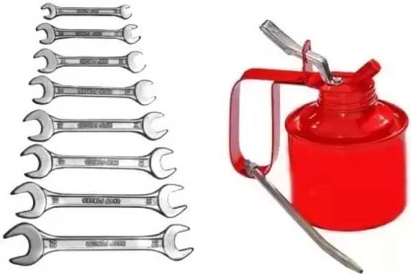 Exotic Arcade Combo of Double Open 8 Pcs Spanner Set (6-22mm) and Oil Can (1/2 Pint) || Double Sided Open End Wrench