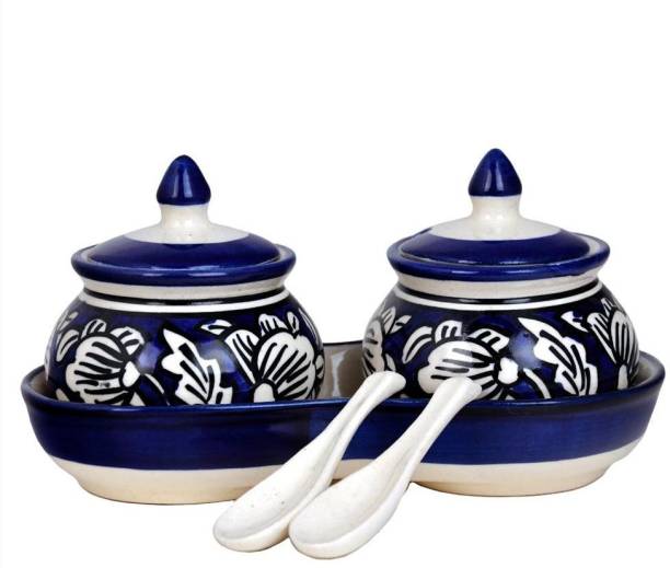CRaFTghar Cearmic Pickle Jar Set of 2 Jars with Lids, 2 Spoons and 1 Tray for Pickles, Achar, Spices, Jam and Ketchup (Blue) 2 Piece Spice Set