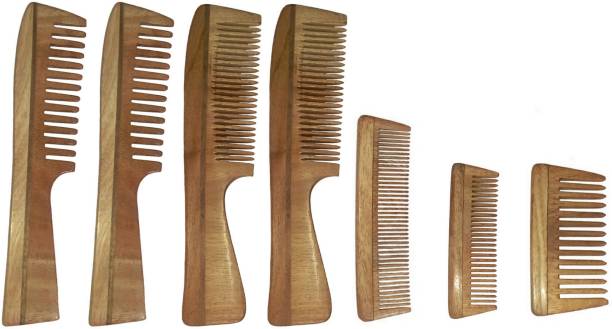 Ginni Marketing Combo of 7 Neem Wood Combs (regular and detangler handle+ 4 inches, 5 inches and baby detangler)