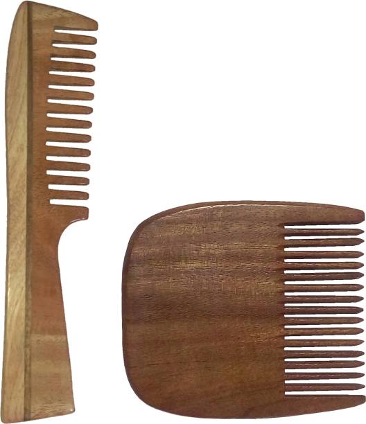 Ginni Marketing Combo of 2 Neem Wood Combs (handle detangler-7.5" and regular beard-3.75" )