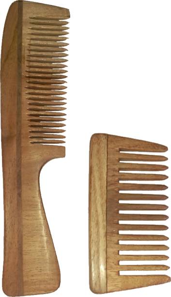 Ginni Marketing Combo of 2 Neem Wood Combs (regular handle-7.5" and small / baby detangler-4" )