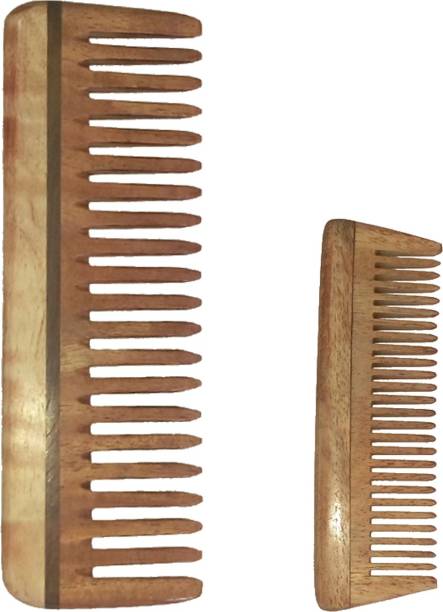 Ginni Marketing Combo of 2 Neem Wood Combs (Medium detangler-6" and small/baby-4" )
