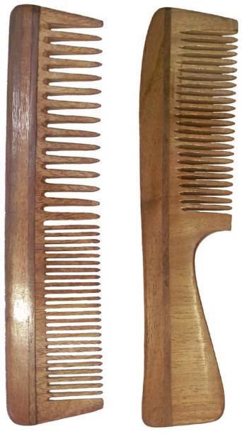 Ginni Marketing Combo of 2 Neem Wood Combs (regular handle-7.5" and regular detangler-7.5" )