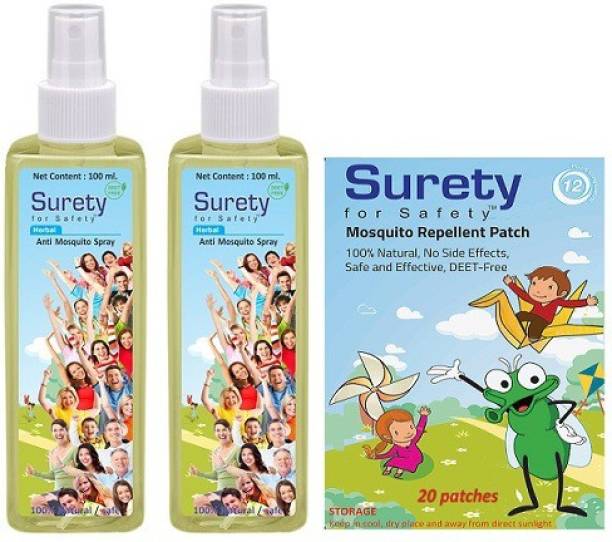 Surety for Safety Anti Mosquito Spray (100ml) (Pack of 2) + Mosquito Repellent Patch 20