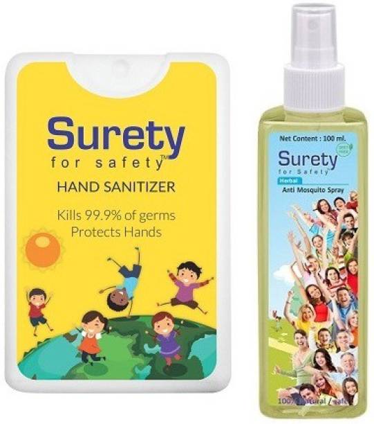 Surety for Safety Hand Sanitizer Lemon (20ml) + Anti Mosquito Spray (100ml)