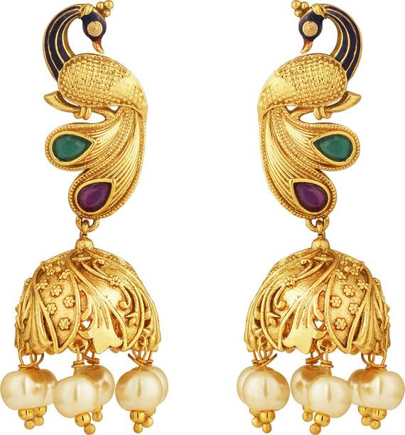 Ruby Earrings Online At Best Prices In India Spargz Wedding Wear Br Gold Plated Glossy Finish Ruby With Pearl Pea Design Jhumka Earrings