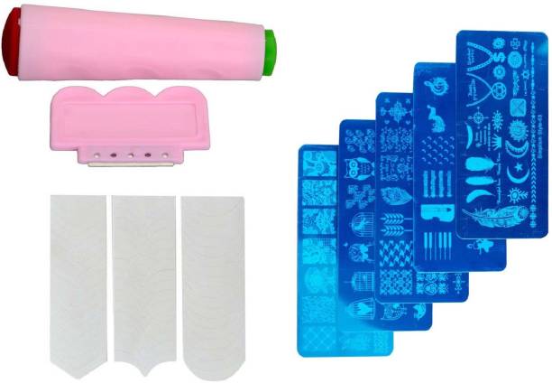 FOK Nail Art Combo 5pc Stamping Image Plate, Scrapper and 1pc Tip Guide Sticker