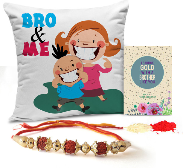 Designer Lumba Rakhi Set, Printed Cushion with Fillers, Rakshabandhan Special Card TIED RIBBONS Rakhi Pair for Brother and Bhabhi with Gift Pack