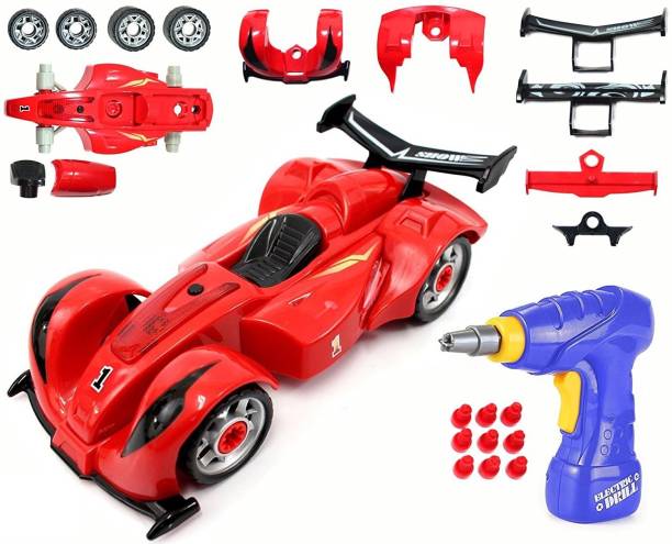 Toys Bhoomi 2 in 1 Build Your Own Pull Along Formula Racing Car Take Apart Modification Playset - Includes Electric Drill & Car Parts with Lights and Sounds (24 Pieces)