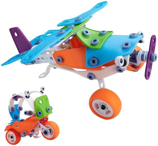 Toys Bhoomi 2 IN 1 Take-Apart 3D Model Airplane & Motorcycle Assembly Construction Building Blocks Puzzles DIY Playset with Screw Nuts & Tools - 120 Flexible Bending Plastic Pieces