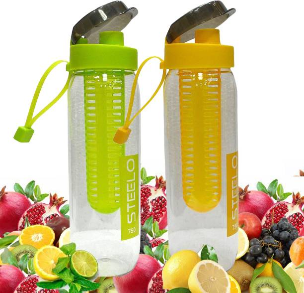 Steelo Set of 2 - Fruit Infuser Water Bottle Infusion BPA Free Transparent Plastic Sport Outdoor Detox Drink Juice Bottle 750 ml Bottle