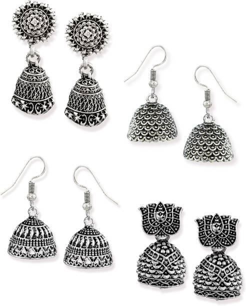 Silver Earrings Online At Best Prices In India Zaveri Pearls Combo Of 4 Dark Antique Silver Earrings Zinc Jhumki Earring