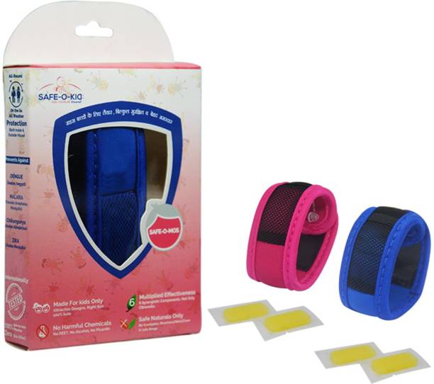 Safe-o-kid Set of 2 (BLUE+PINK) Anti-Mosquito Band, 4 Refills, 6 FREE Mosquito Patches, DEET-Free, Reusable, Mosquito Repellent Bracelet