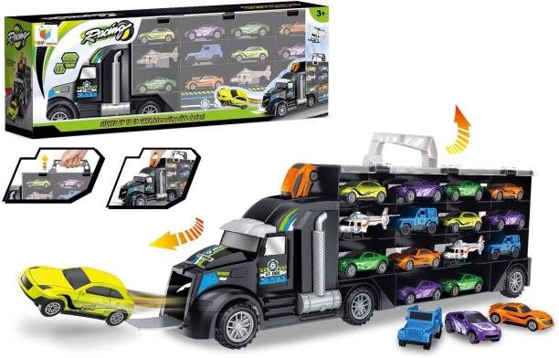 Toys Bhoomi 2 in 1 Huge Transport Car Long Haul Carrier Truck Case with 14 Vehicles (included) - Stores UPTO 28 Cars