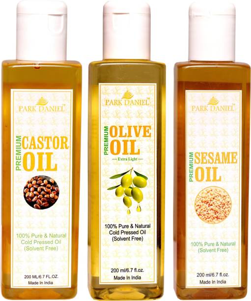 PARK DANIEL Premium Castor oil, Extra light Olive oil and Sesame oil- Pure and Natural Combo pack of 3 bottle of 200 ml(600 ml)