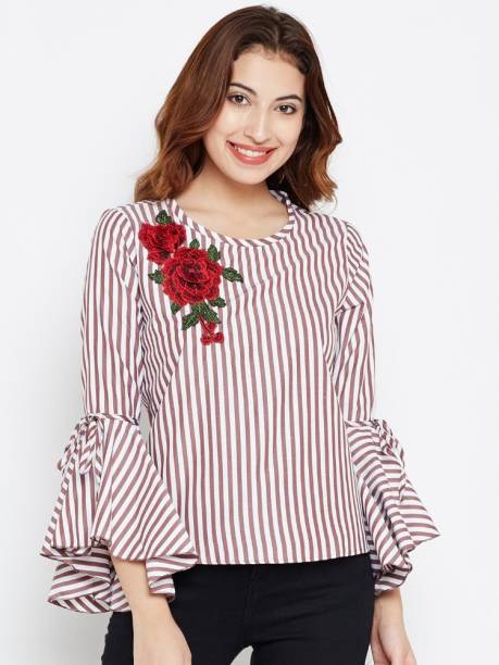Style Quotient Casual Bell Sleeve Striped Women White, Brown Top