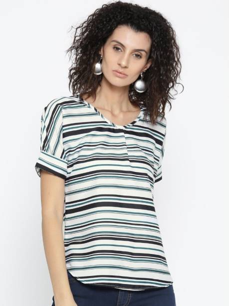 Style Quotient Casual Regular Sleeve Striped Women White, Green, Black Top